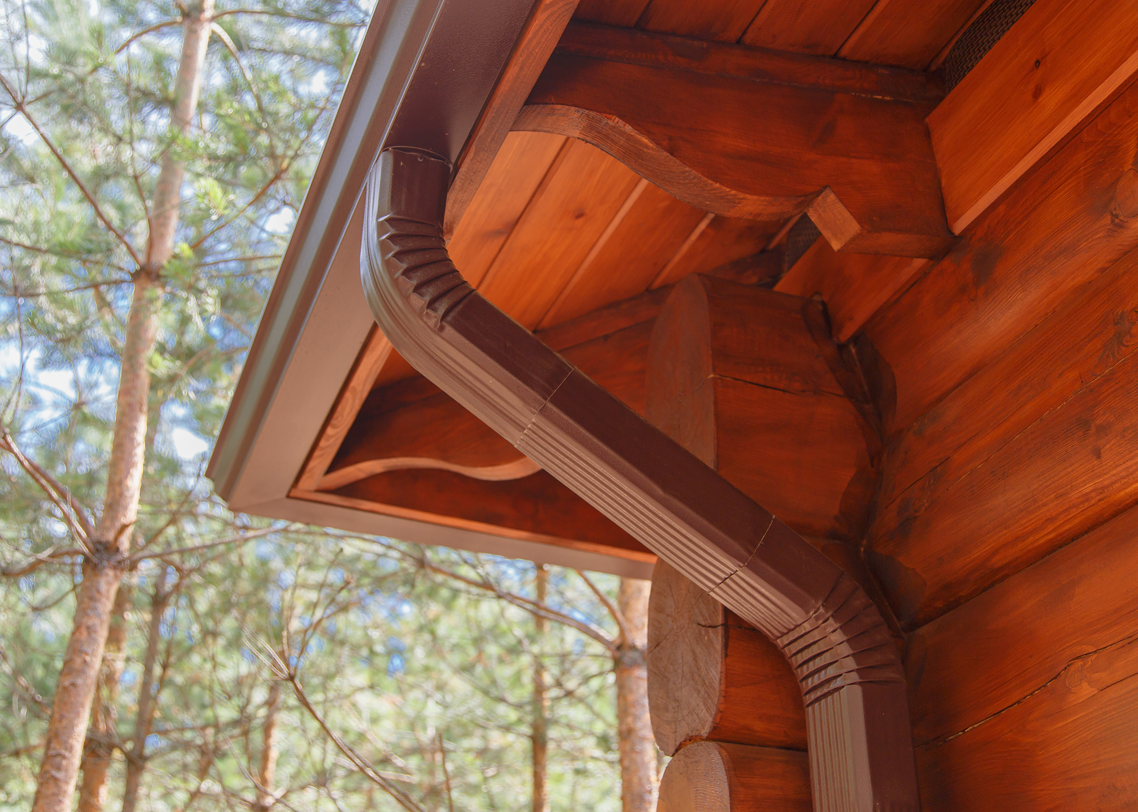 Roof gutter system on log house in forest.